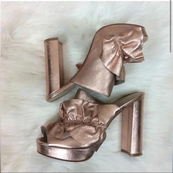 SHELLEYS LONDON DELPHINE RUFFLE CHUNK PLATFORM OPEN TOE ROSE GOLD MULES 7.5 - Picture 3 of 16